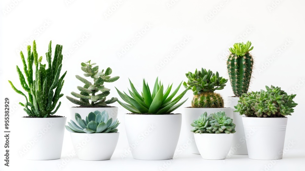 Variety of indoor cacti and succulents in white pots arranged against a white background Variety of indoor cacti and succulents in white pots arranged against a white background