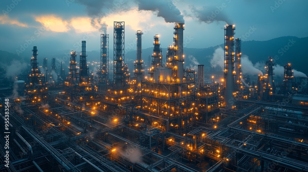 Obraz premium Industrial Oil Refinery at Dusk with Glowing Lights Generative AI