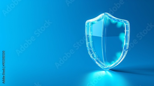 Crystal clear shield on a blue background represents protection, safety, and security. Ideal for cybersecurity and tech concepts.