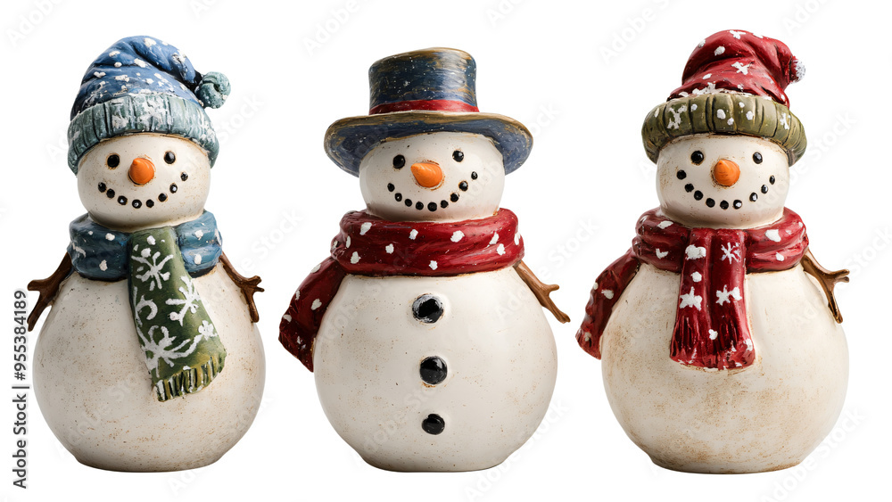 Set of Snowman Figurines Isolated on Transparent Background for Holiday Decor Set of Snowman Figurines Isolated on Transparent Background for Holiday Decor