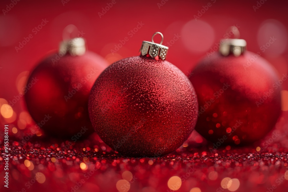 A row of red Christmas ornaments arranged in a line on a matching red background, creating a minimalist and festive design. A row of red Christmas ornaments arranged in a line on a matching red background, creating a minimalist and festive design.