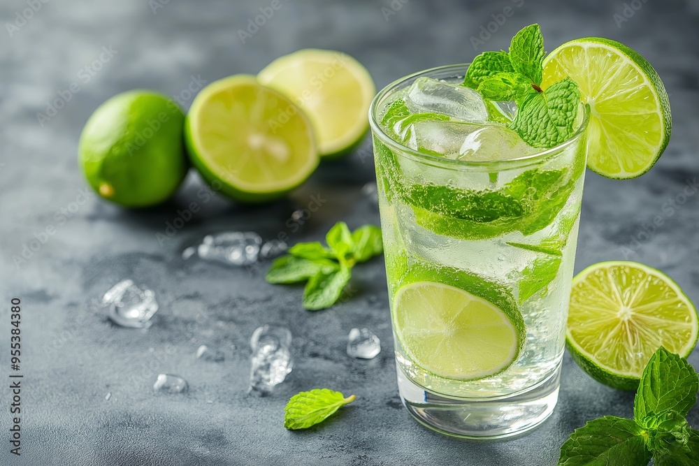 Mojito cocktail with lime, mint and ice on dark background Mojito cocktail with lime, mint and ice on dark background