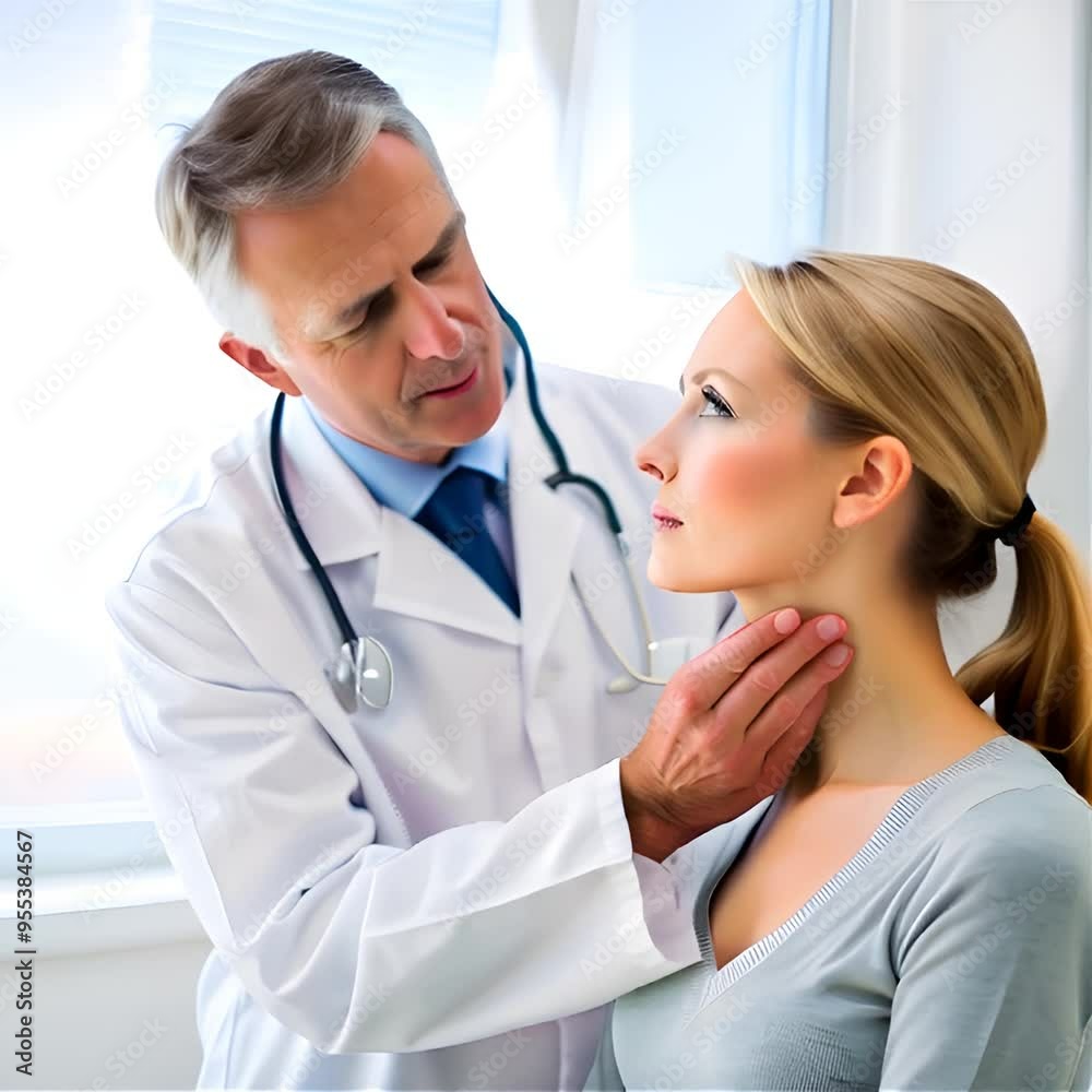 A doctor checks a patients thyroid gland hyperthyroidism and throat and neck swelling AI generated A doctor checks a patients thyroid gland hyperthyroidism and throat and neck swelling AI generated