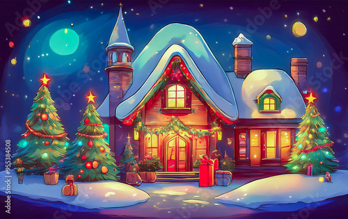Christmas picture with house, tree and gifts
