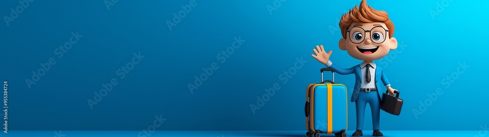 A cheerful cartoon character in a blue suit, waving beside a colorful suitcase against a solid blue background. A cheerful cartoon character in a blue suit, waving beside a colorful suitcase against a solid blue background.