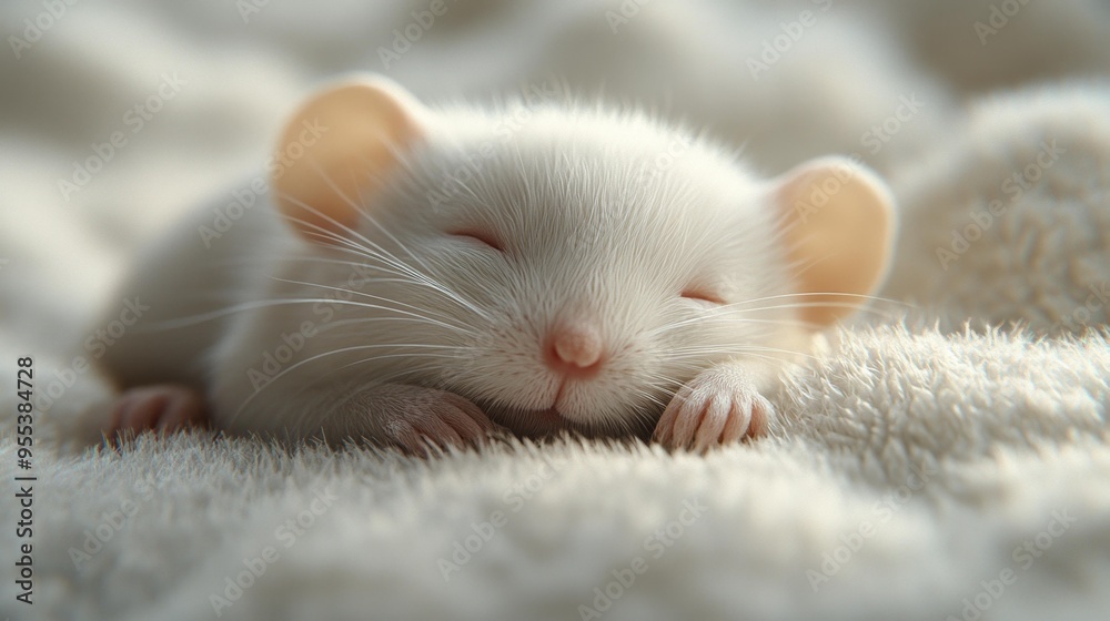 Sleeping White Baby Mouse on Soft Fabric Generative AI Sleeping White Baby Mouse on Soft Fabric Generative AI