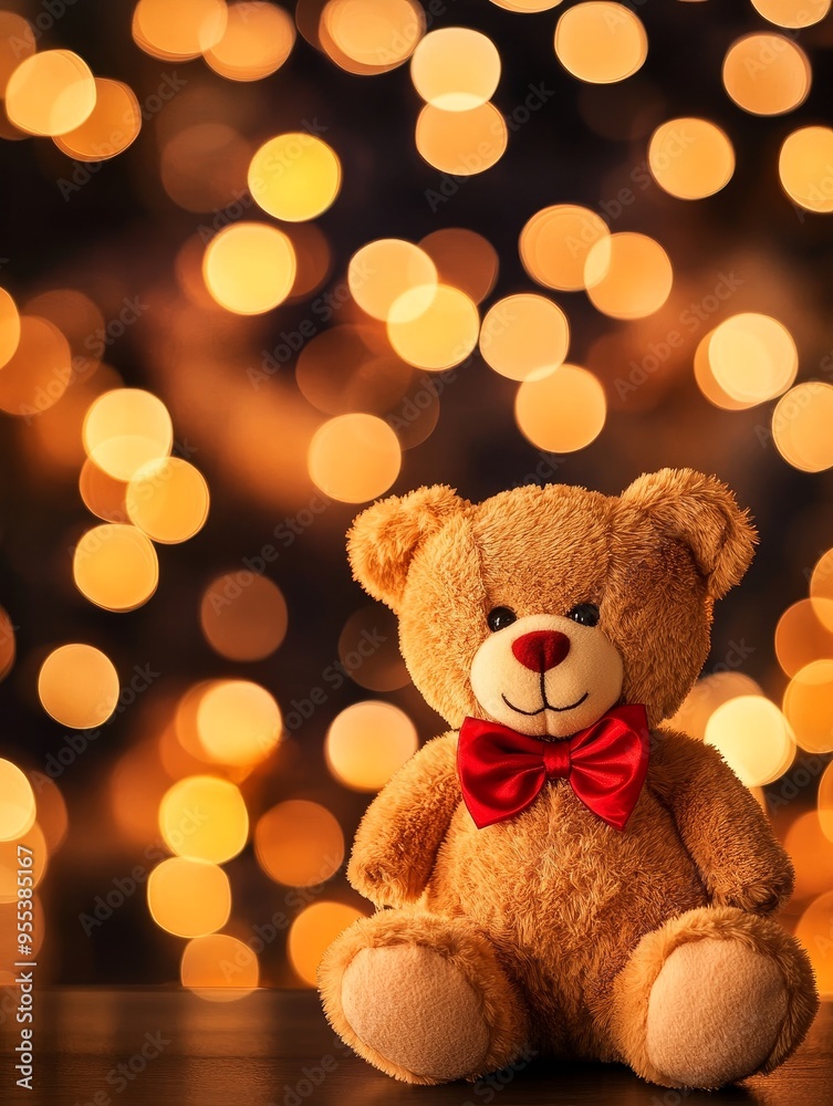 A cuddly teddy bear with a red bow tie sits against a background of warm, golden bokeh lights. The bear's soft fur, rosy cheeks, and bright eyes convey a sense of joy and warmth, symbolizing love, chi A cuddly teddy bear with a red bow tie sits against a background of warm, golden bokeh lights. The bear's soft fur, rosy cheeks, and bright eyes convey a sense of joy and warmth, symbolizing love, chi