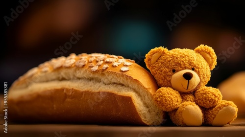 A cute teddy bear is sleeping peacefully in a soft, warm bread bed. The bear's soft fur and the bread's golden crust create a cozy and inviting scene. The image symbolizes comfort, warmth, and the sim photo