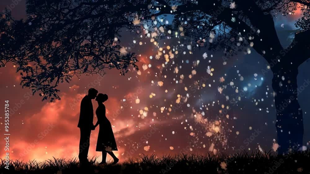 Silhouette of kissing couple at night under a tree Silhouette of kissing couple at night under a tree