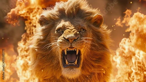 Majestic lion king roars with fiery mane in stunning 3d digital art of regal power and ferocity photo