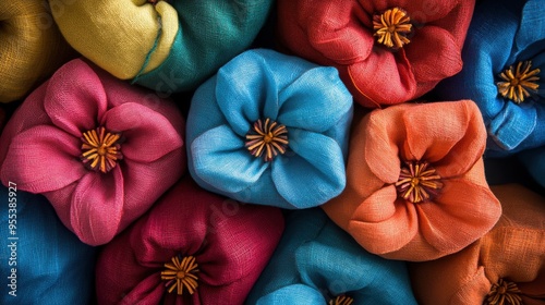 Folded calico bags resembling colorful blossoms, close-up