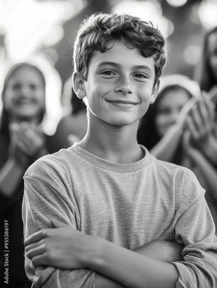 Fototapeta premium Smiling Teenager with Hands on Chest at Event