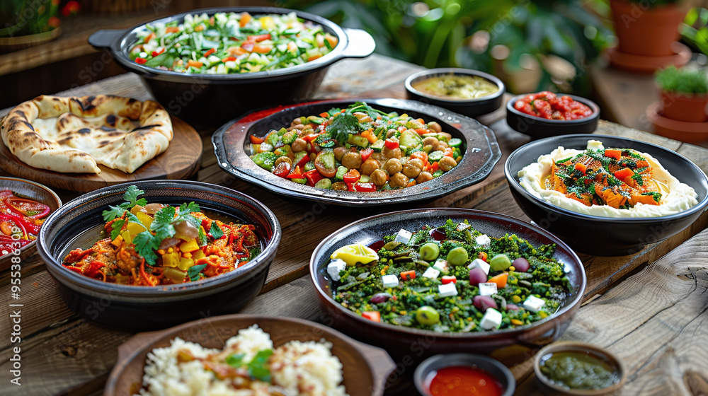 a traditional Palestinian meze spread. Vibrant dishes on a rustic wooden table a traditional Palestinian meze spread. Vibrant dishes on a rustic wooden table