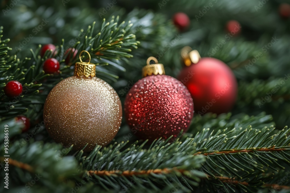 Christmas ornaments in red and gold nestled among pine branches, with soft berries and a festive, natural setting. Christmas ornaments in red and gold nestled among pine branches, with soft berries and a festive, natural setting.