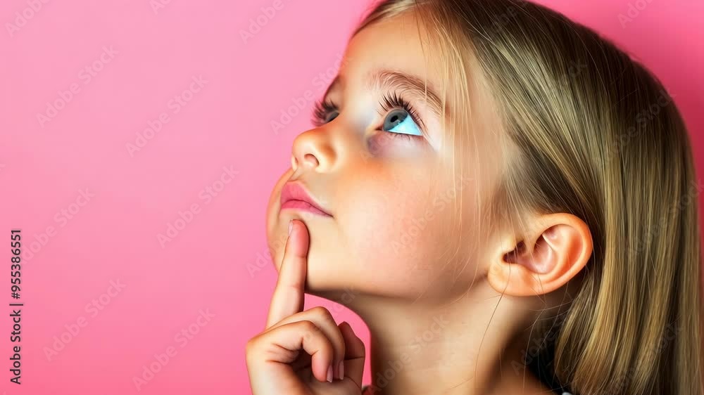 Young girl thinking with finger on chin, contemplative expression against pink background. Young female in profile trying to remember information. Closeup portrait of thoughtful pose and side glance Young girl thinking with finger on chin, contemplative expression against pink background. Young female in profile trying to remember information. Closeup portrait of thoughtful pose and side glance