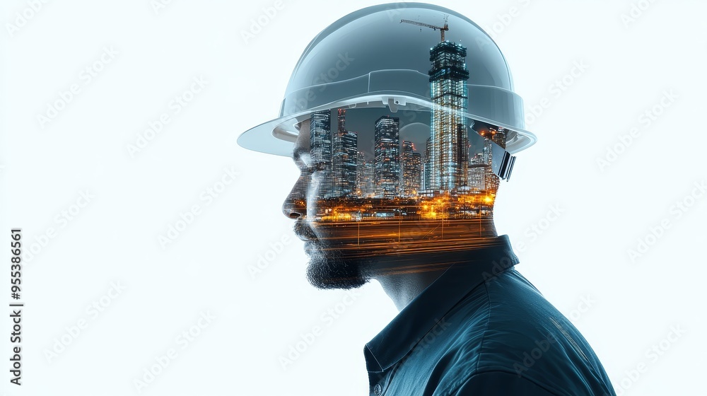 A double exposure image of a construction engineer wearing a hard hat, with a cityscape superimposed over his face. The image symbolizes the engineer's vision, ambition, and the potential impact of th A double exposure image of a construction engineer wearing a hard hat, with a cityscape superimposed over his face. The image symbolizes the engineer's vision, ambition, and the potential impact of th