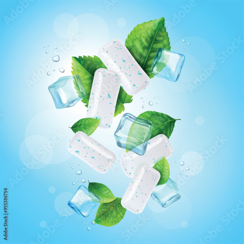 Ice mint gum. Chewing pad peppermint flavor menthol aroma smell for freshness breath, bubblegum advertising poster refreshing spearmint flavour, realistic exact vector illustration