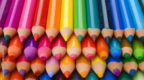 A row of colorful pencils with the top one being purple. The pencils are lined up in a row and are of different colors photo