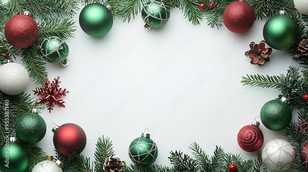 Elegant Christmas Themed Abstract Background with Festive Ornaments and Greenery Elegant Christmas Themed Abstract Background with Festive Ornaments and Greenery