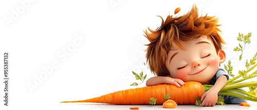 A joyful child embraces a large carrot, showcasing a connection between kids and healthy eating in a playful, animated style. photo