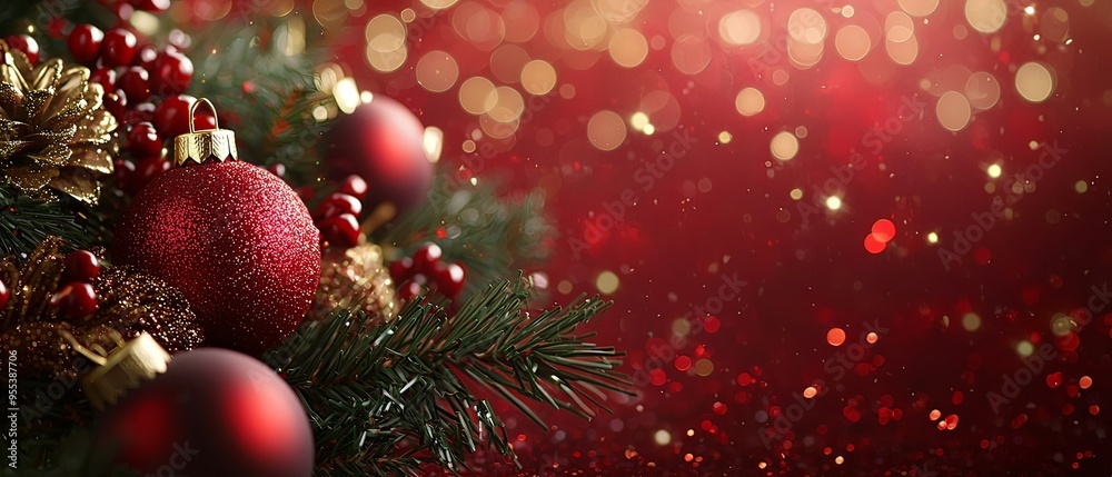 Festive Christmas Background with Sparkling Red and Gold Ornaments on Tree Branches Festive Christmas Background with Sparkling Red and Gold Ornaments on Tree Branches