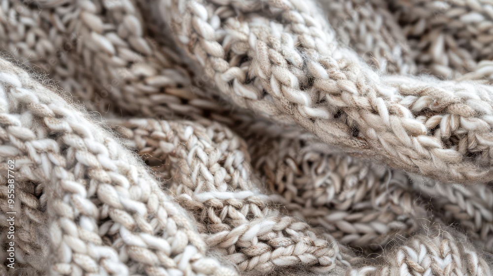 closeup of chunky knit wool texture soft beige and gray tones visible loops and intricate patterns cozy warm feel closeup of chunky knit wool texture soft beige and gray tones visible loops and intricate patterns cozy warm feel