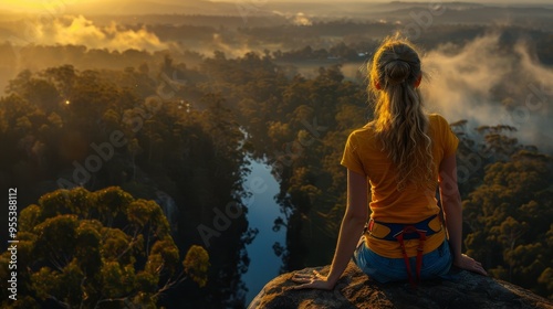 Young blonde woman preparing to climb a scenic cliffside, embracing adventure and nature s beauty photo