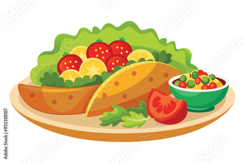 Mexican Cuisine with Veggie Salad Vector illustration on white background