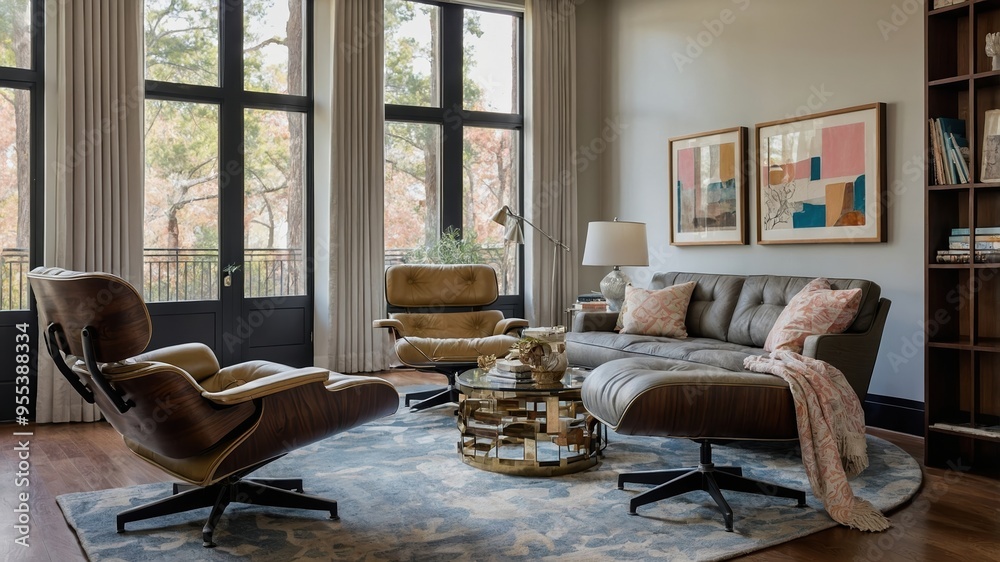 A living room with a large window and a couch. Interior Design, Luxury Decor A living room with a large window and a couch. Interior Design, Luxury Decor
