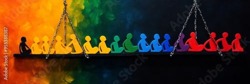 A group of colorful figures, representing different cultures and backgrounds, are sitting together in a row. The figures are all the same size and shape, symbolizing equality and unity. They are suspe photo