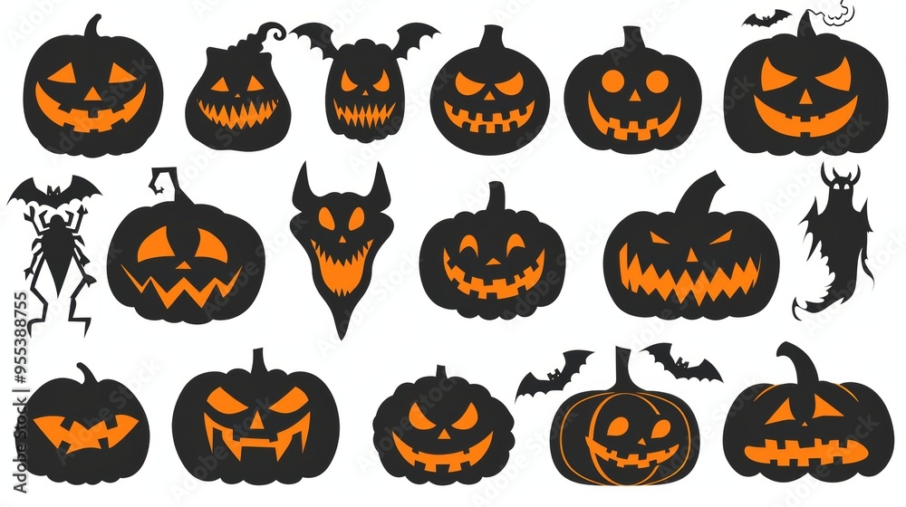 halloween pumpkins of different face shapes on white background. halloween concept halloween pumpkins of different face shapes on white background. halloween concept