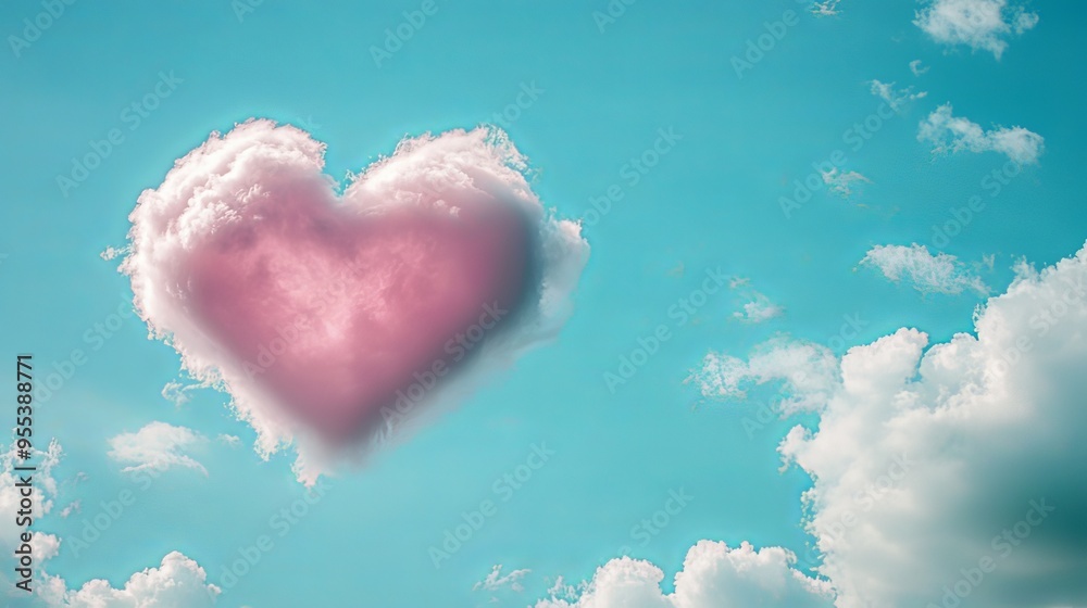 Heart Shaped Pink Cloud Floating in Bright Blue Sky Heart Shaped Pink Cloud Floating in Bright Blue Sky