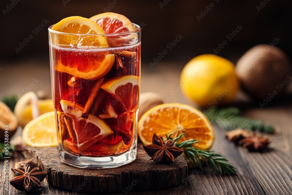 Refreshing holiday drink with slices of orange and lemon, infused with cinnamon and star anise, perfect for a festive celebration. Refreshing holiday drink with slices of orange and lemon, infused with cinnamon and star anise, perfect for a festive celebration.