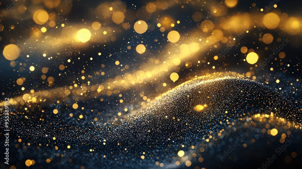 Abstract gold swirling particles on a dark background for luxury holiday designs.