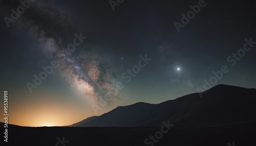 Milky Way galaxy shining over a mountain range at night with bright stars and a crescent moon.