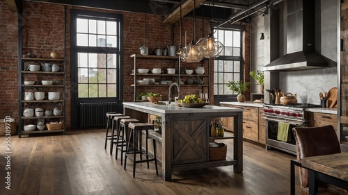 A kitchen with a large island and a lot of counter space. Interior Design, Luxury Decor