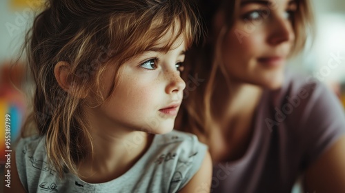 A child with freckles and a thoughtful expression looks sideways, with an adult slightly blurred in the background, capturing a moment of introspection or curiosity in a learning environment.