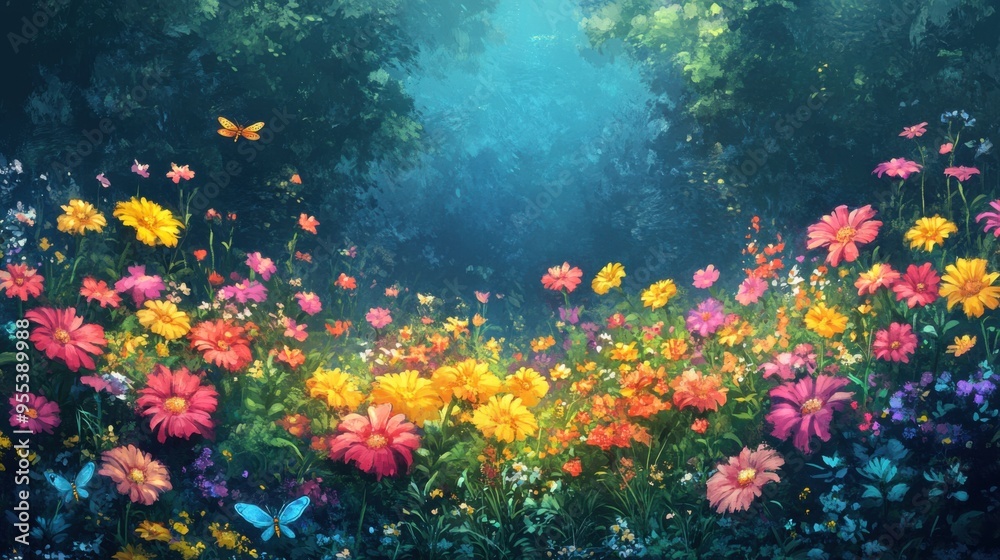 Sweetly colored flower garden with a curious cat and dragonfly Sweetly colored flower garden with a curious cat and dragonfly