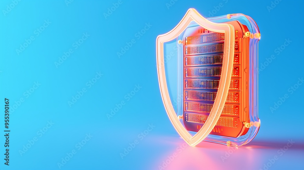 Data server protected by a digital shield on a blue background, symbolizing cybersecurity and data protection. Data server protected by a digital shield on a blue background, symbolizing cybersecurity and data protection.
