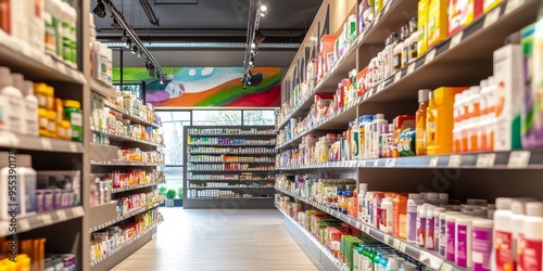 Drugstore Aisle with Colorful Display of Natural Health Products and Supplements photo