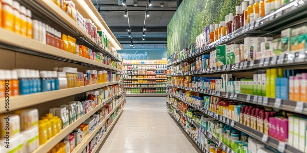 Fototapeta premium Drugstore Aisle with Colorful Display of Natural Health Products and Supplements
