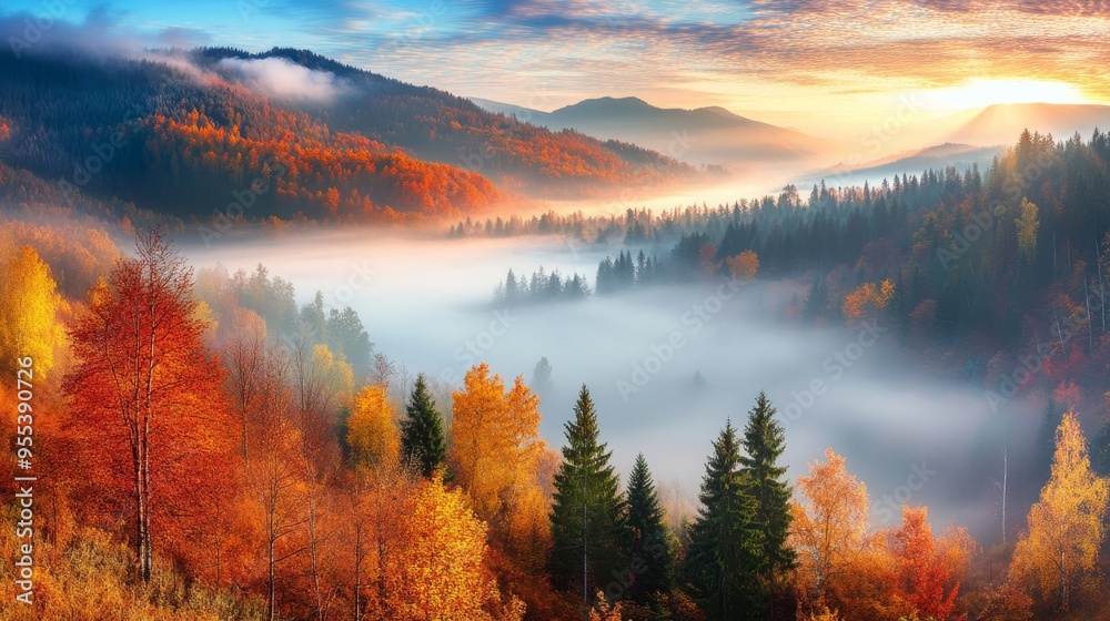 Misty autumn morning in a mountain valley with vibrant colors and serene atmosphere Misty autumn morning in a mountain valley with vibrant colors and serene atmosphere