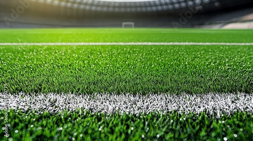 Pristine Soccer Field with Vibrant Green Grass and Crisp White Markings in a Grand Sports Stadium