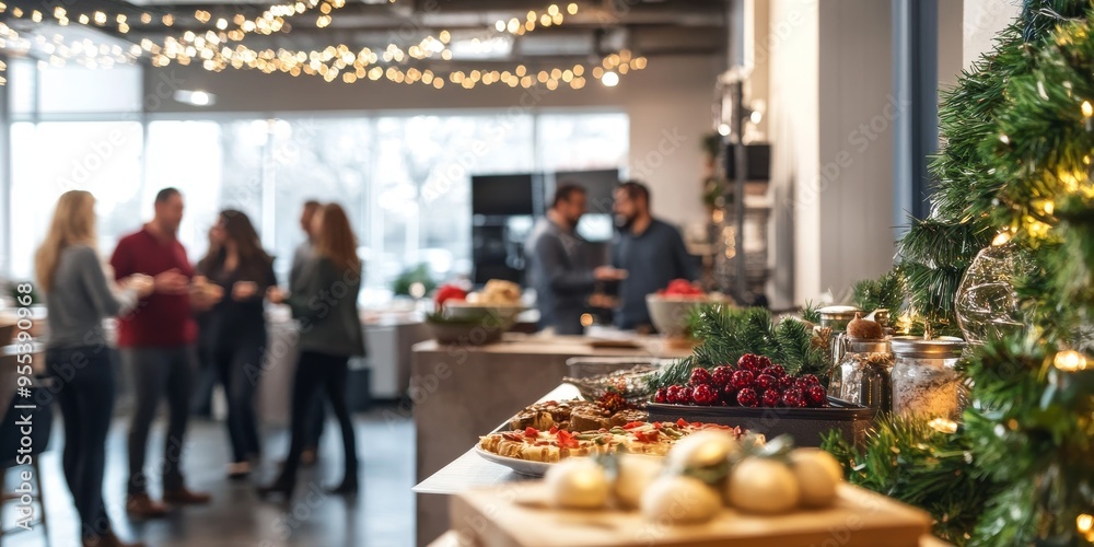 Festively Decorated Office Space with Employees Mingling at Corporate Holiday Party