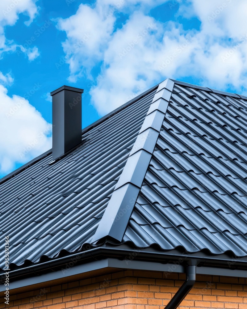 a modern metal roof against a bright blue sky, showcasing sleek design and architectural elegance. a modern metal roof against a bright blue sky, showcasing sleek design and architectural elegance.