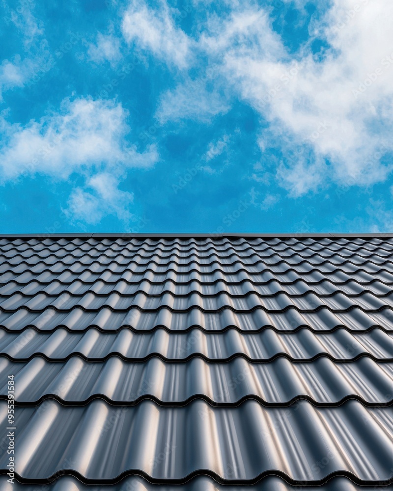 metal roof against a clear blue sky with soft clouds, showcasing unique design and texture. metal roof against a clear blue sky with soft clouds, showcasing unique design and texture.