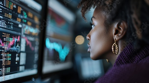 A financial analyst working late at night with multiple monitors displaying financial data, depicting dedication and modern finance in a high-tech environment.