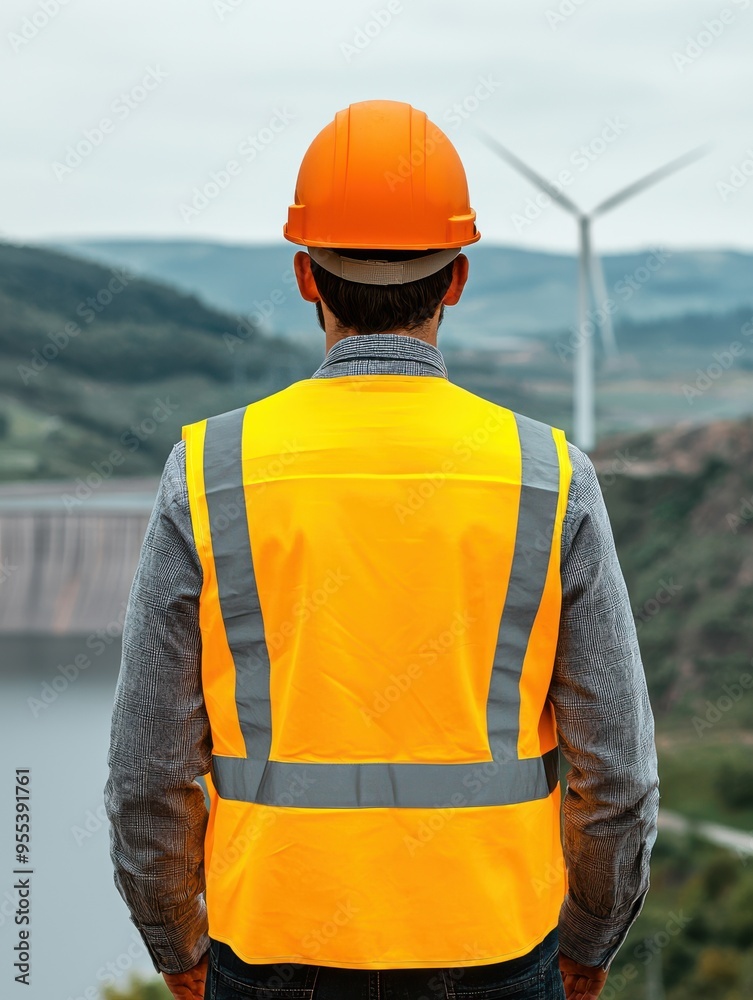 A construction worker in a safety vest and helmet observes a wind turbine, showcasing commitment to renewable energy.
