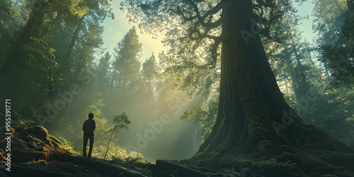 Forest with Person Standing in Awe Before Giant Sequoia Tree