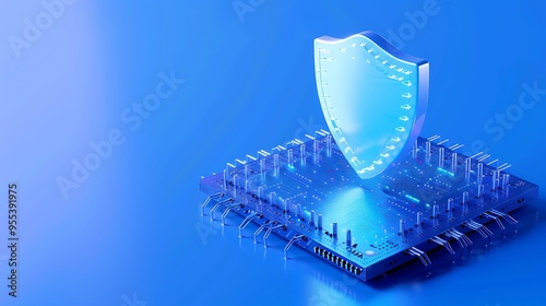 Digital cybersecurity concept showcasing a glowing shield on a microchip, representing data protection and secure technology innovation.